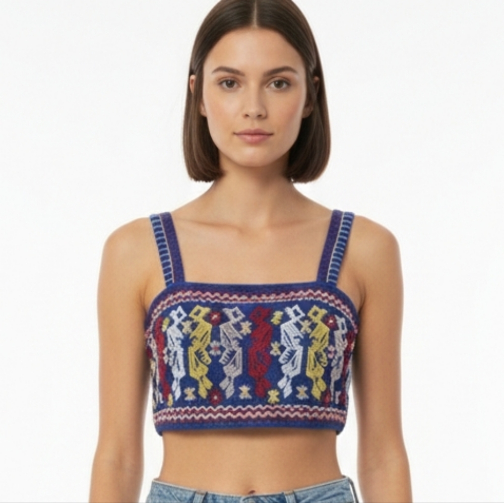 Forever 21 Blue Red Embroidered Boho Cropped Tank Top Festival Hippie S
